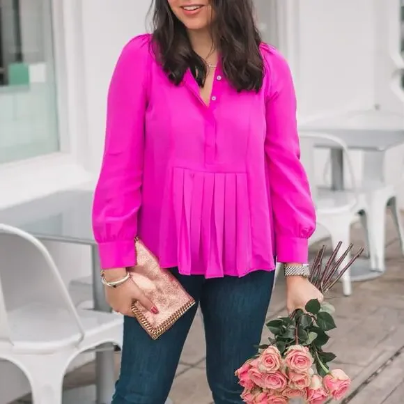 J. Crew Silk Pleated Popover Blouse in Fuchsia Pink Size Medium - Picture 9 of 9